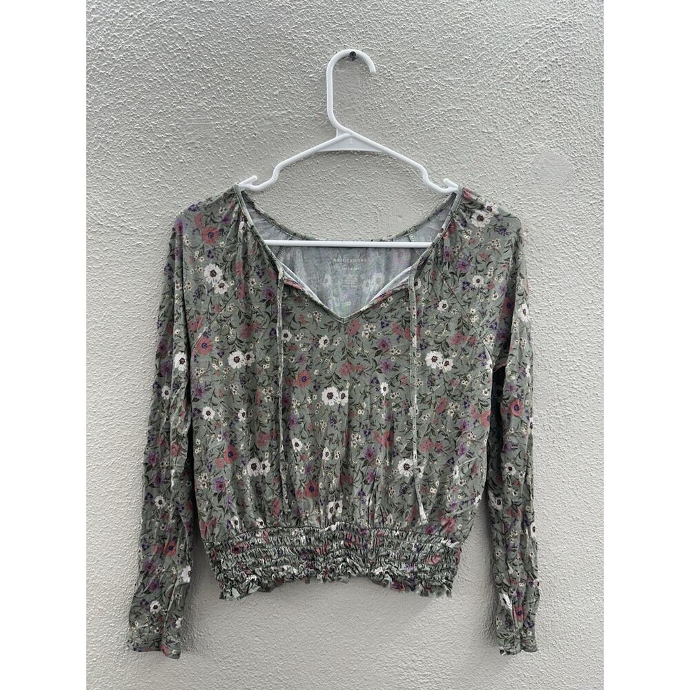 American Eagle Womens Top Size XS Green Floral Soft & Sexy Long Sleeve